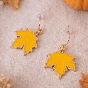 Yellow Maple Leaf Enamel Dangle Earrings Gold Fall Thanksgiving